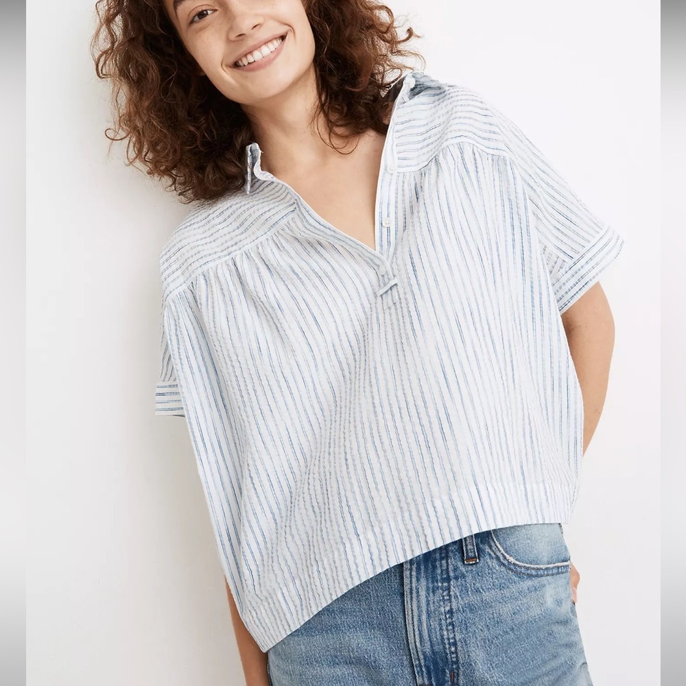 Madewell Shirred-Yoke Popover Top in Seersucker Stripe